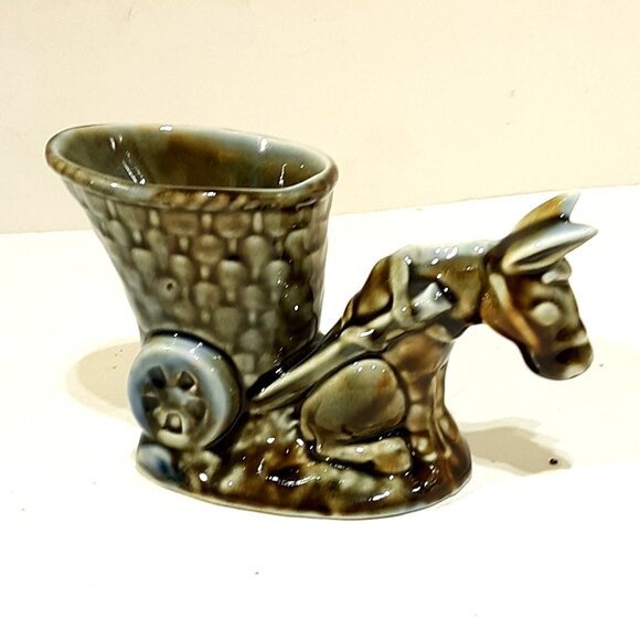Vintage Shamrock Pottery Donkey Cart Planter 50s Ireland Boho Granny - Picture 1 of 7